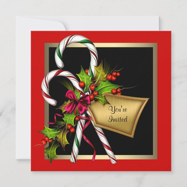 Invitación Fiesta de Navidad con acebo rojo y bastones de car (Anverso)