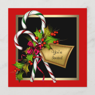 Invitación Fiesta de Navidad con acebo rojo y bastones de car