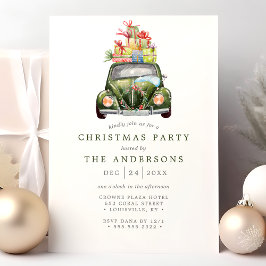 Invitación Fiesta de Navidad con Acuarela Retro de Coche Verd