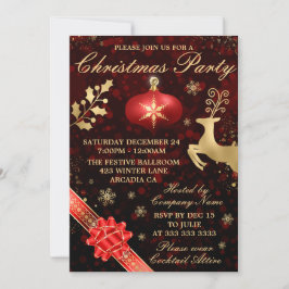 Invitación Fiesta de Navidad con Adorno y Cinta Elegante Rojo