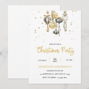 Invitación Fiesta de Navidad con Adornos de Oro Minimalista