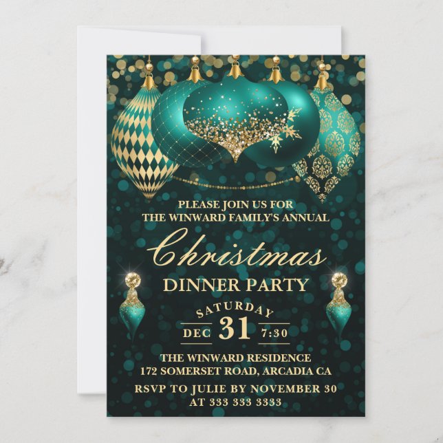 Invitación Fiesta de Navidad con Adornos Elegantes de Turques (Anverso)