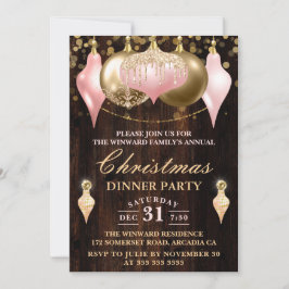 Invitación Fiesta de Navidad con adornos rosados y dorados