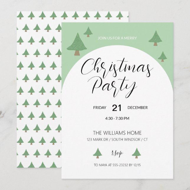 Invitación Fiesta de Navidad con árbol ilustrado (Anverso / Reverso)