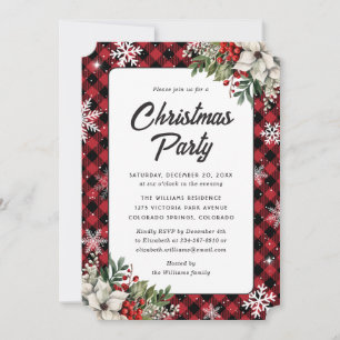 Invitación Fiesta de Navidad con bayas de acebo a cuadros roj