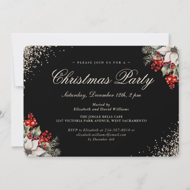 Invitación Fiesta de Navidad con Bayas de Acebo de Oro Negro (Anverso)