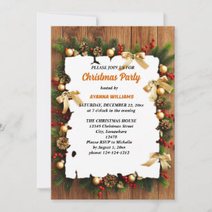 Invitación Fiesta de Navidad con bayas de acebo y piña navide