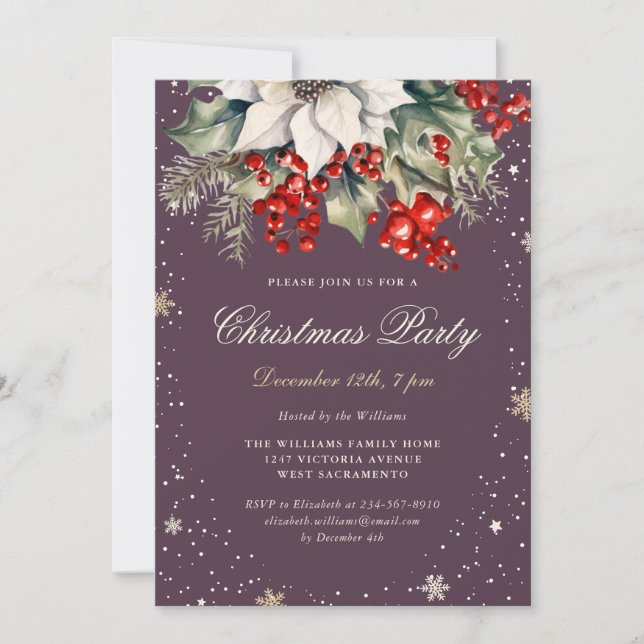 Invitación Fiesta de Navidad con bayas de Poinsettia moradas  (Anverso)