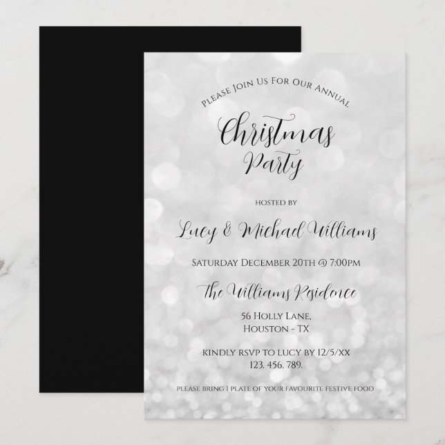 Invitación Fiesta de Navidad con Bokeh de Plata (Anverso / Reverso)