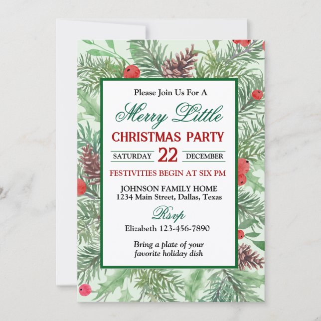 Invitación Fiesta de Navidad con borde de acebo verde y rojo (Anverso)