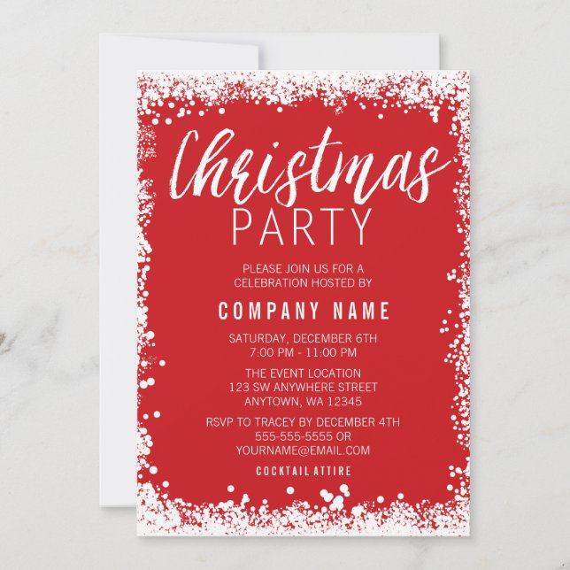 Invitación Fiesta de Navidad con borde de nieve rojo y blanco (Anverso)