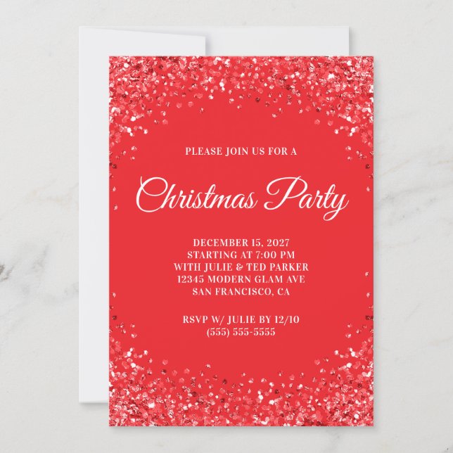 Invitación Fiesta de Navidad con borde de purpurina roja (Anverso)