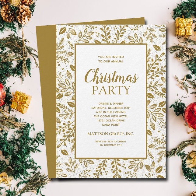 Invitación Fiesta de Navidad con Botánicos de Oro Elegantes (Elegant gold (non-metallic) botanicals Christmas party invitations, PRINTED and/or INSTANT DOWNLOAD)