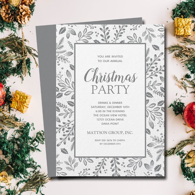 Invitación Fiesta de Navidad con Botánicos de Plata Elegantes (Silver (non-metallic) botanicals Christmas party invitations, PRINTED and/or INSTANT DOWNLOAD)
