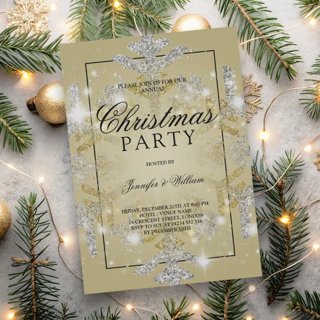 Invitación Fiesta de Navidad con brillo de oro y plata (Gold & Silver Glitter Xmas Holiday Party Invitation)