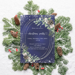 Invitación Fiesta de Navidad con brillo de pino cono azul y v