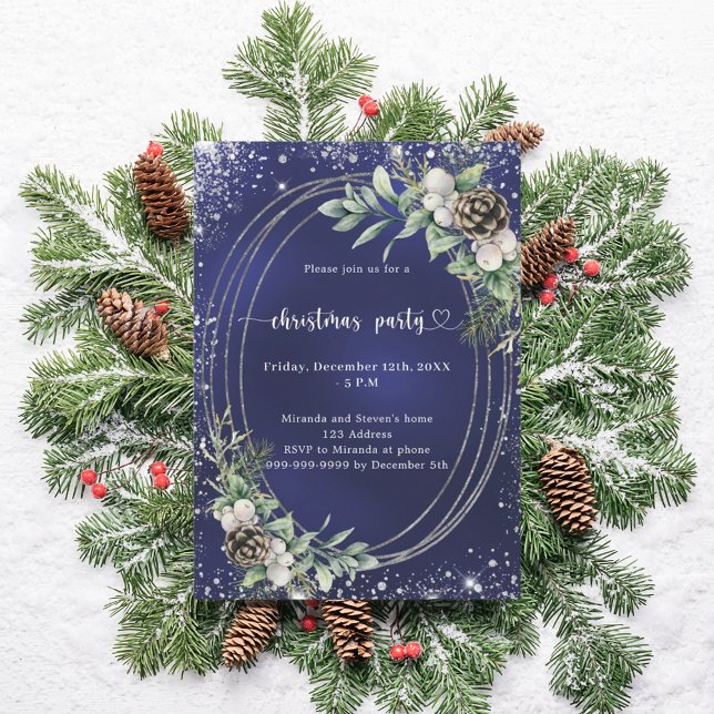 Invitación Fiesta de Navidad con brillo de pino cono azul y v (Subido por el creador)