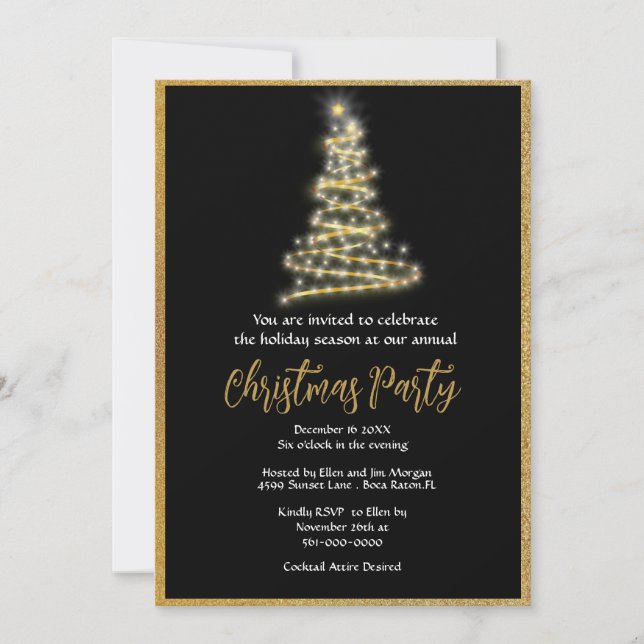 Invitación Fiesta de Navidad con brillo dorado elegante (Anverso)