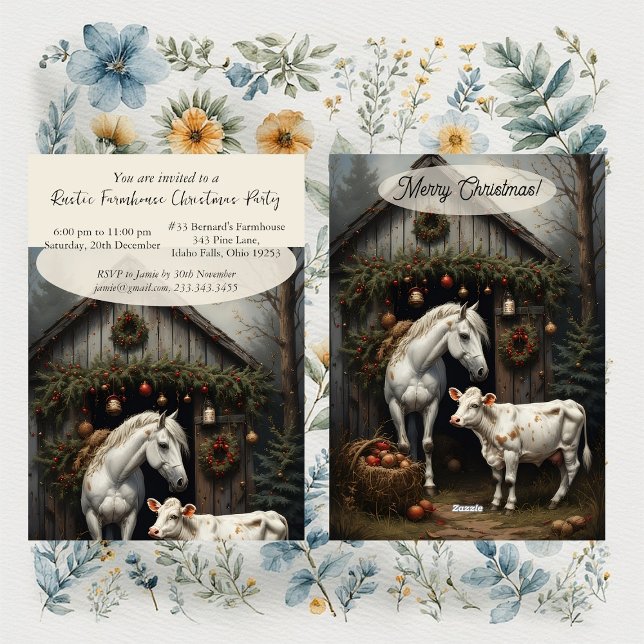 Invitación Fiesta de Navidad con caballo y vaca de granja rús (Elegant Vintage Rustic Farmhouse Horse Cow Christmas Party Invitation)