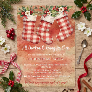 Invitación Fiesta de Navidad con calcetines a cuadros rojos