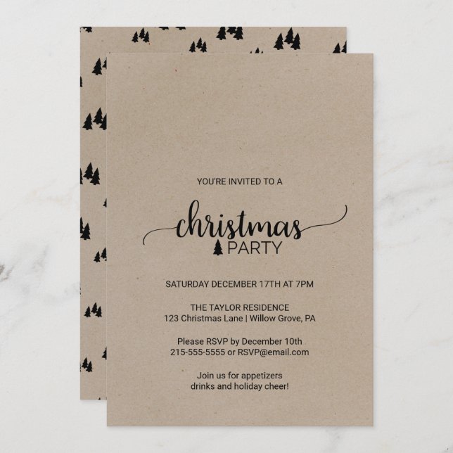 Invitación Fiesta de Navidad con Caligrafía Simple Kraft Fals (Anverso / Reverso)