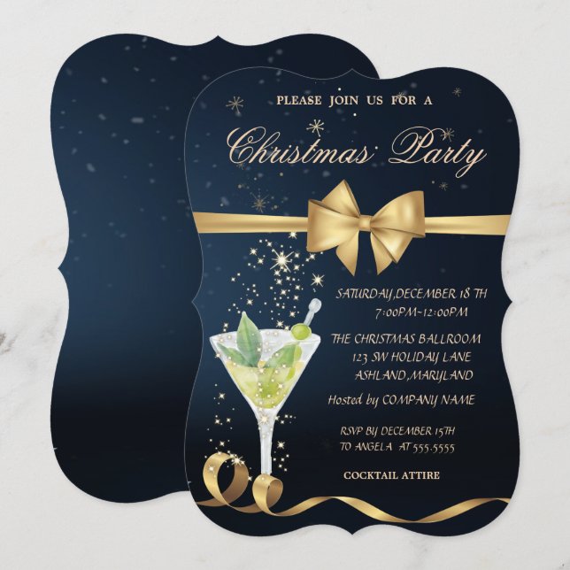 Invitación Fiesta de Navidad con champán y lazo dorado (Anverso / Reverso)