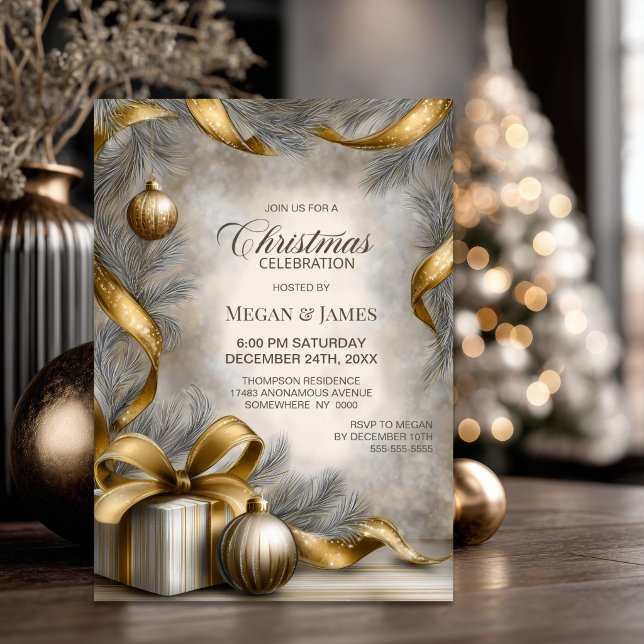 Invitación Fiesta de Navidad con Cinta de Oro y Adornos (Subido por el creador)