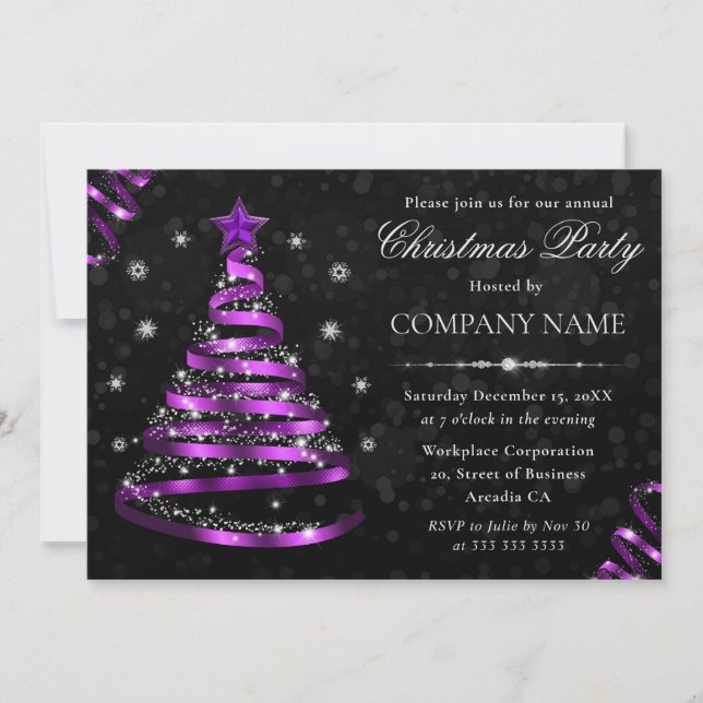 Invitación Fiesta de Navidad con Cinta Morada Elegante (Anverso)