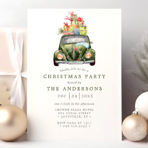 Invitación Fiesta de Navidad con Coche Verde Vintage en Acuar