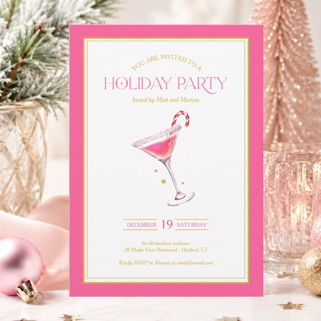 Invitación Fiesta de Navidad con Cóctel de Oro Rosa (elegant chic stylish modern pink gold martini cocktail Christmas holiday party invitation)