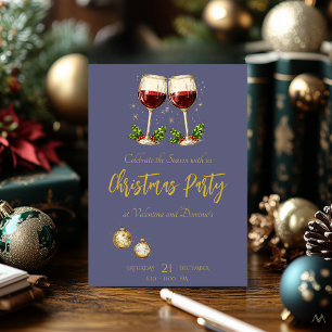 Invitación Fiesta de Navidad con Copas de Vino sobre Púrpura