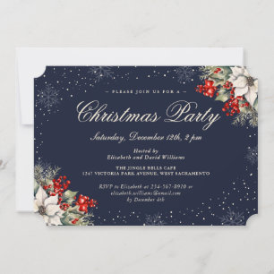 Invitación Fiesta de Navidad con copo de nieve botánico azul
