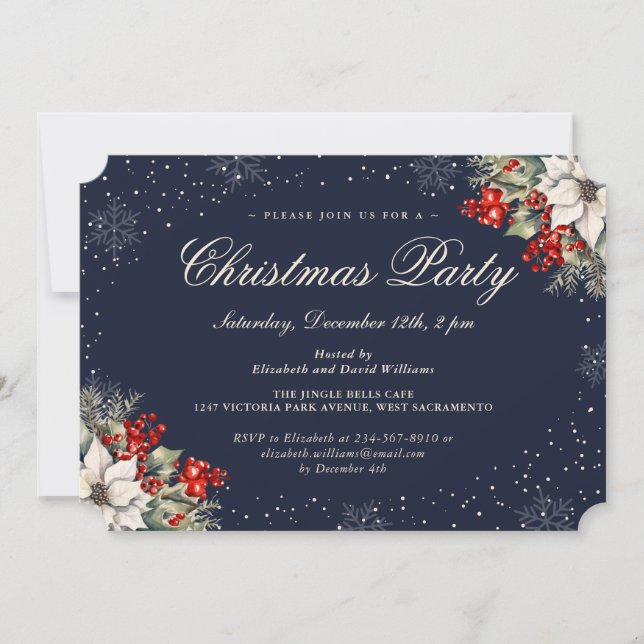Invitación Fiesta de Navidad con copo de nieve botánico azul (Anverso)