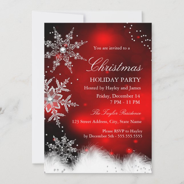 Invitación Fiesta de Navidad con Copo de Nieve de Destello Ro (Anverso)