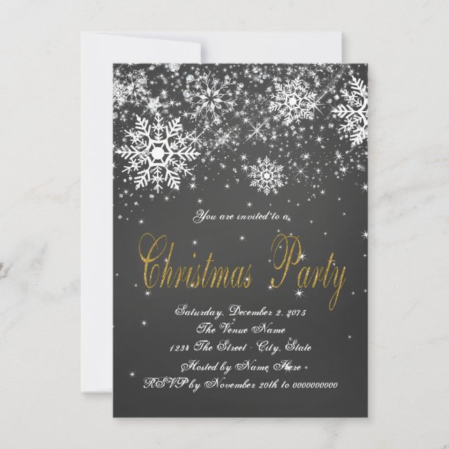Invitación Fiesta de Navidad con copo de nieve en pizarra dor (Anverso)