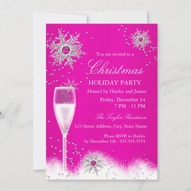 Invitación Fiesta de Navidad con copo de nieve y champán rosa (Anverso)
