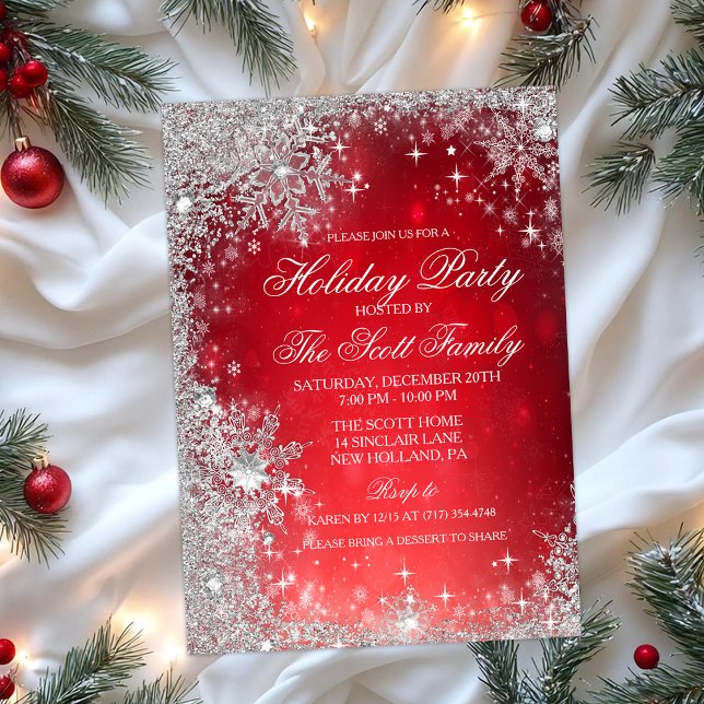 Invitación Fiesta de Navidad con copos de nieve con brillo ro (Subido por el creador)