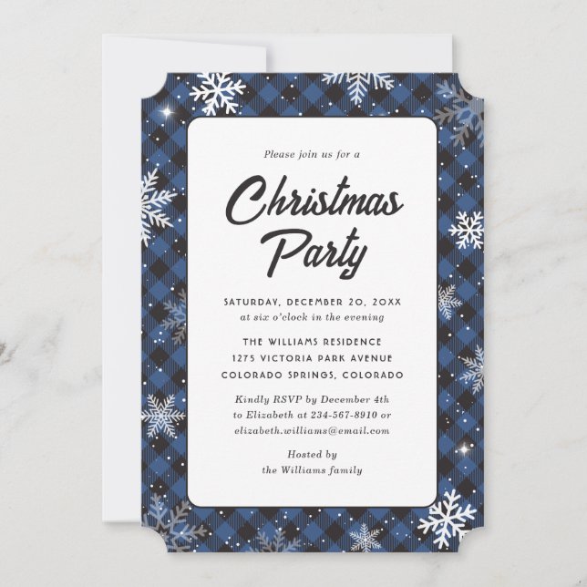 Invitación Fiesta de Navidad con copos de nieve de cuadros de (Anverso)