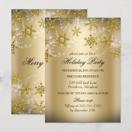 Invitación Fiesta de Navidad con copos de nieve dorados brill
