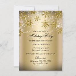 Invitación Fiesta de Navidad con copos de nieve dorados brill