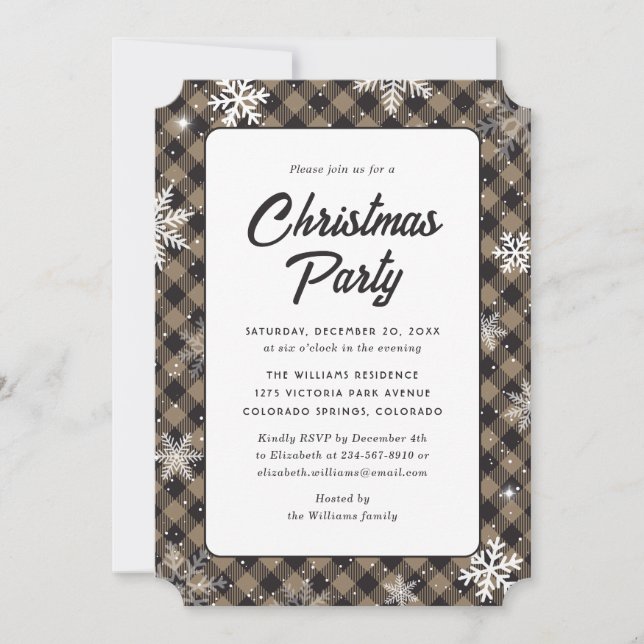 Invitación Fiesta de Navidad con cuadros de Búfalo y copos de (Anverso)