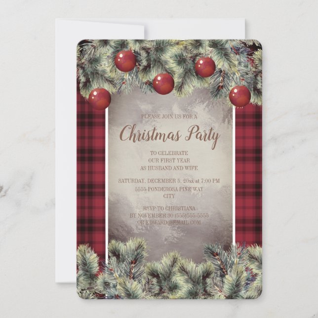 Invitación Fiesta de Navidad con cuadros rústicos de Búfalo e (Anverso)