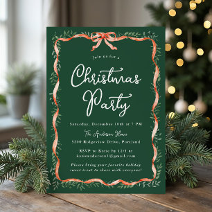 Invitación Fiesta de Navidad con elegante lazo de cinta roja 