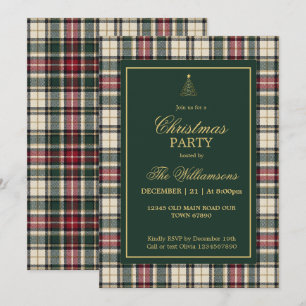 Invitación Fiesta de Navidad con elegante tartán verde y oro 