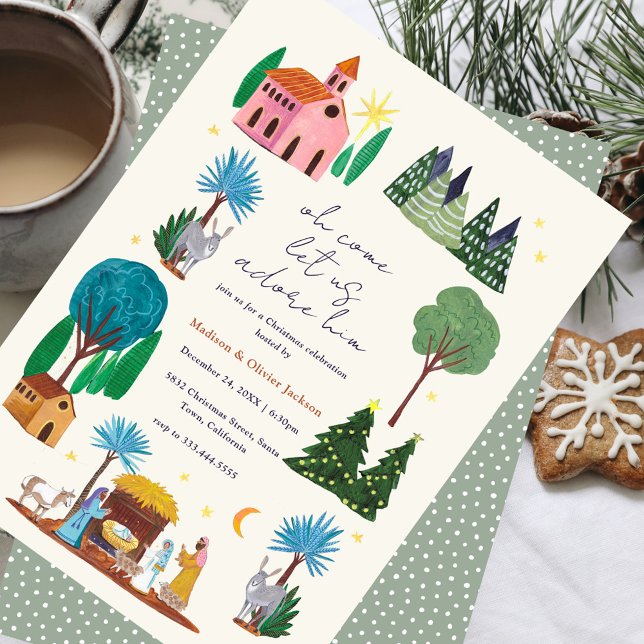 Invitación Fiesta de Navidad con escena de la Natividad relig (Religious Christmas Nativity Scene Party Invitation)