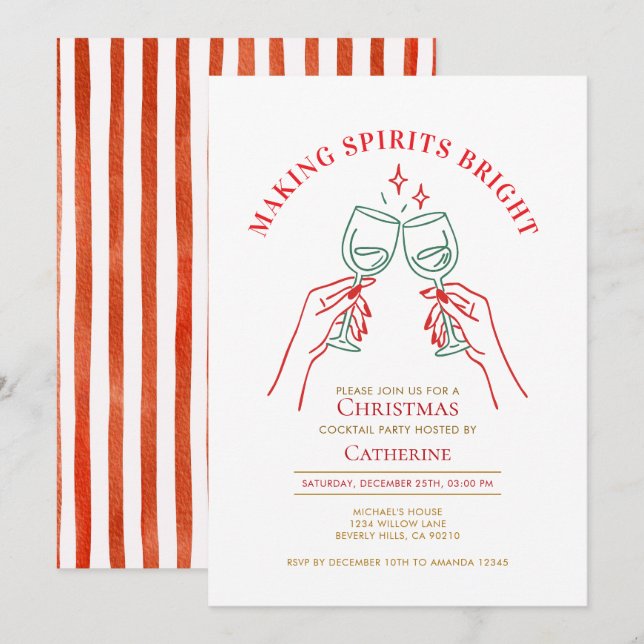 Invitación Fiesta de Navidad con Espíritu Brillante Dibujado  (Anverso / Reverso)