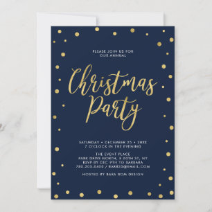 Invitación Fiesta de Navidad con estilo dorado y azul marino 