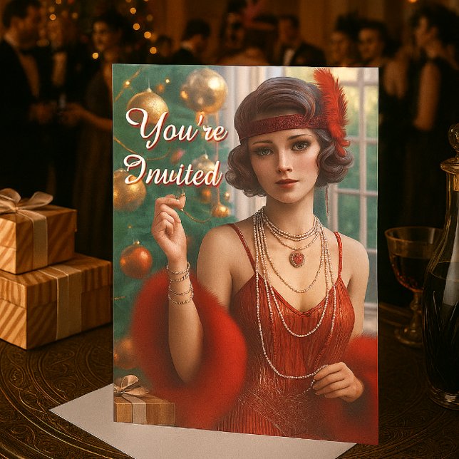 Invitación Fiesta de Navidad con estilo Flapper de los años 2 (Vintage Retro Gatsby Christmas Party Invitation )