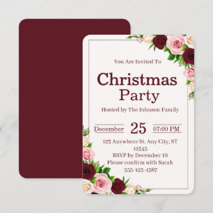 Invitación Fiesta de Navidad con Flores Elegantes Rosa y Burd