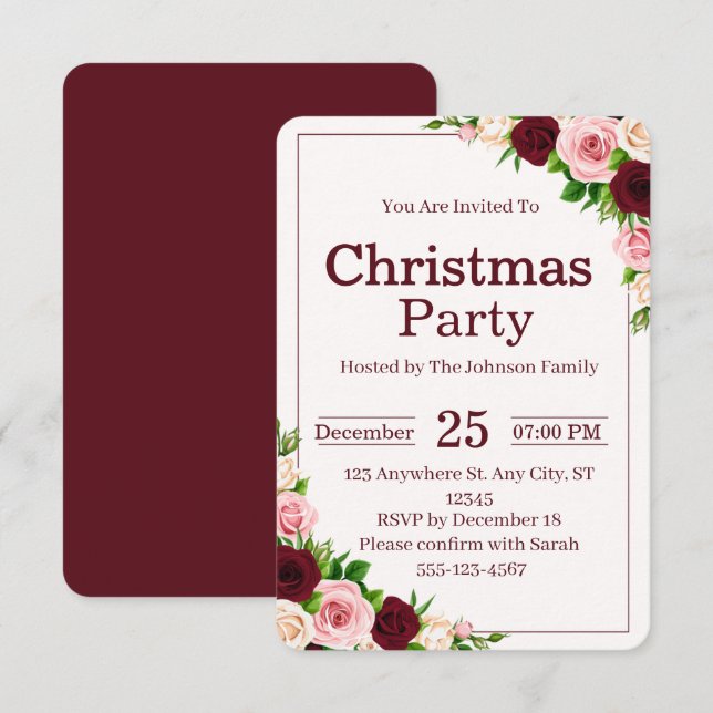 Invitación Fiesta de Navidad con Flores Elegantes Rosa y Burd (Anverso / Reverso)
